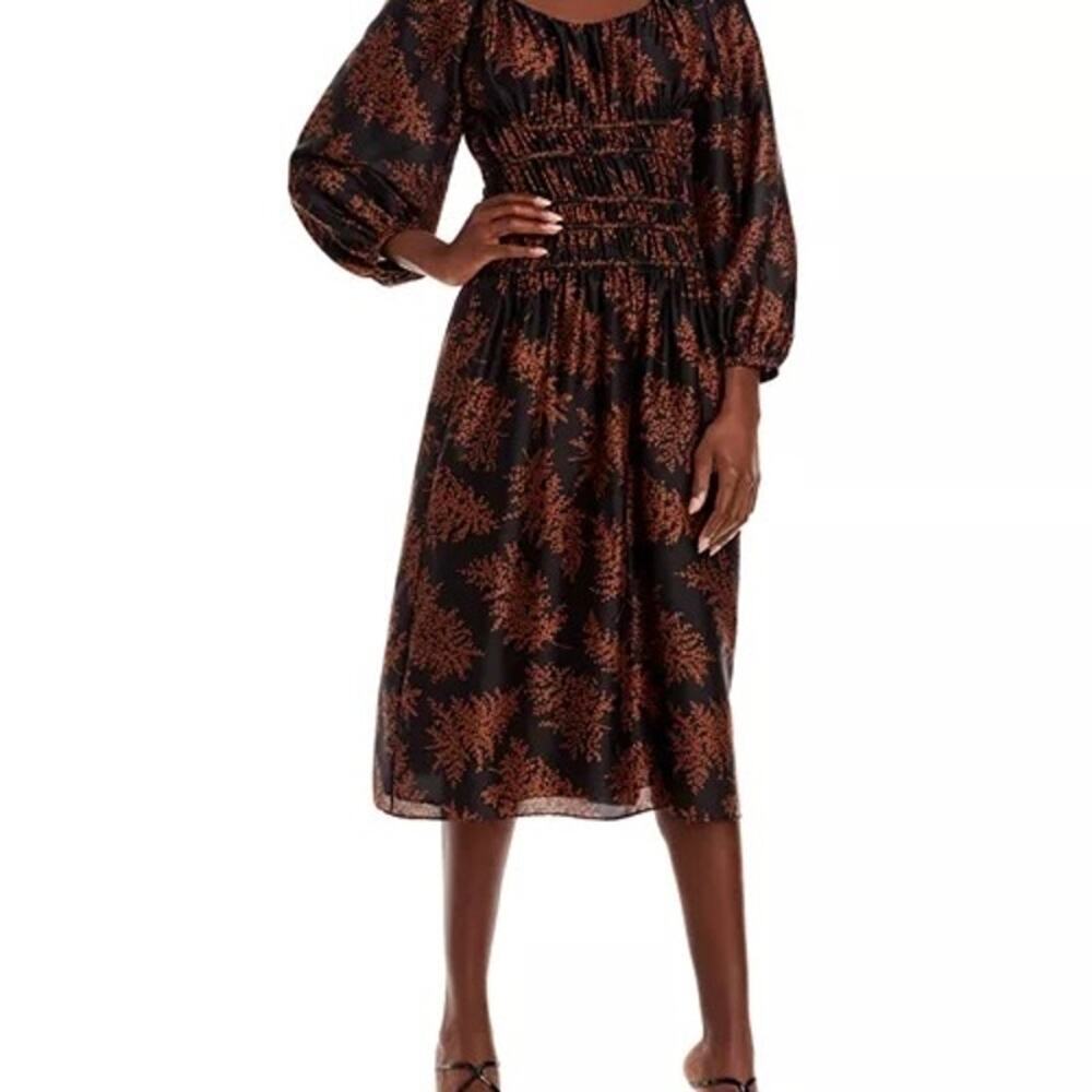 REBECCA TAYLOR Women's Black Brown Arden Fern Print Silk Midi Dress Size Medium